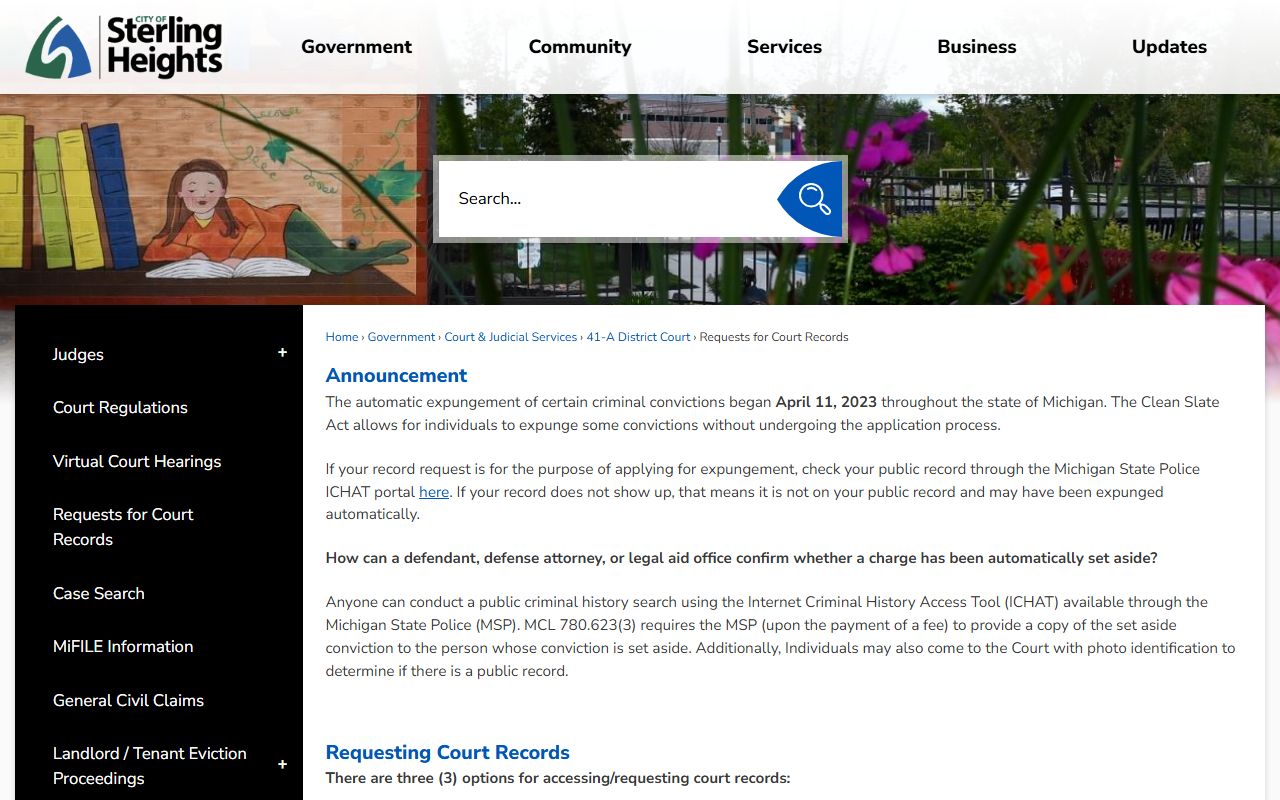 Sterling Heights court records request page for criminal history