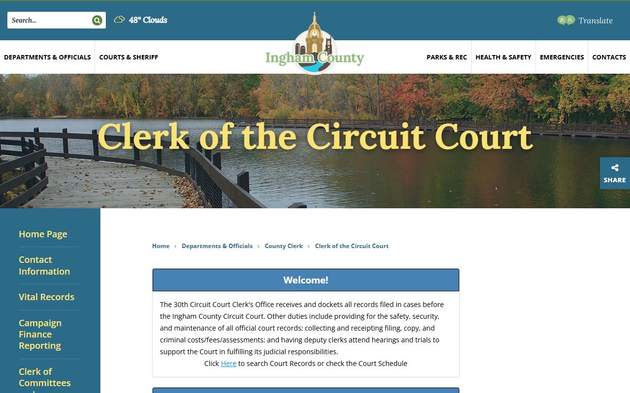 Ingham County Clerk of Circuit Court page for criminal history records