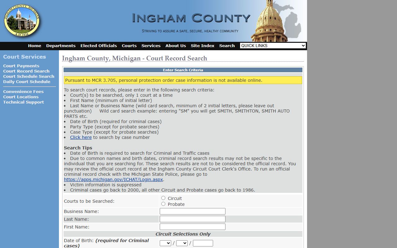 Ingham County court record search for criminal history