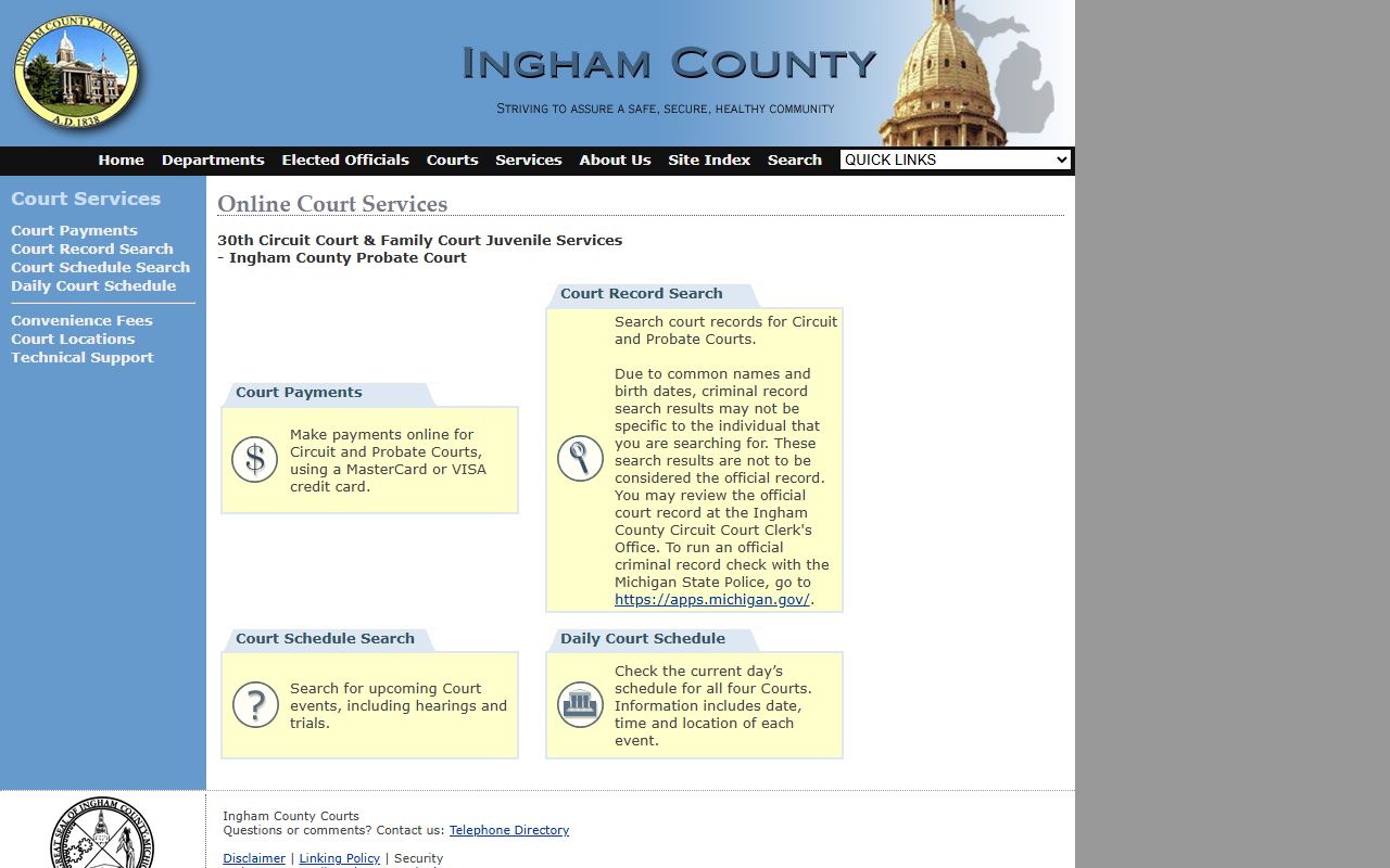 Ingham County courts website for criminal history records