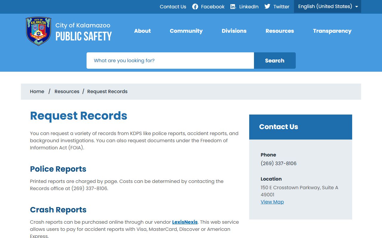 KDPS records request page for Kalamazoo criminal history records