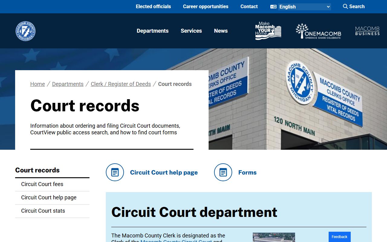 Macomb County Clerk court records page for criminal history records