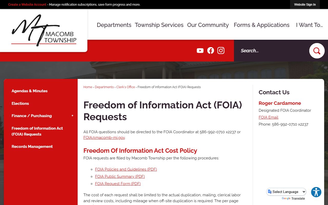 Macomb Township FOIA request page for criminal history records