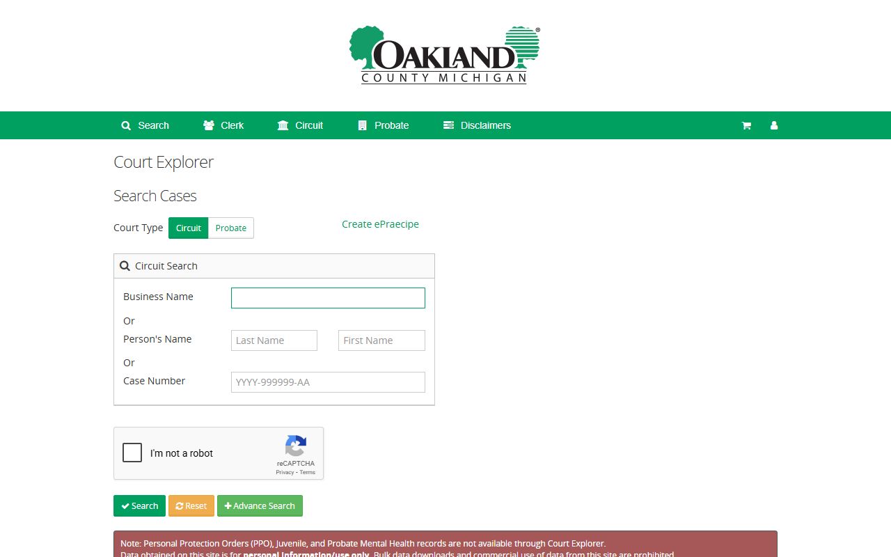 Oakland County Court Explorer login page for criminal history records