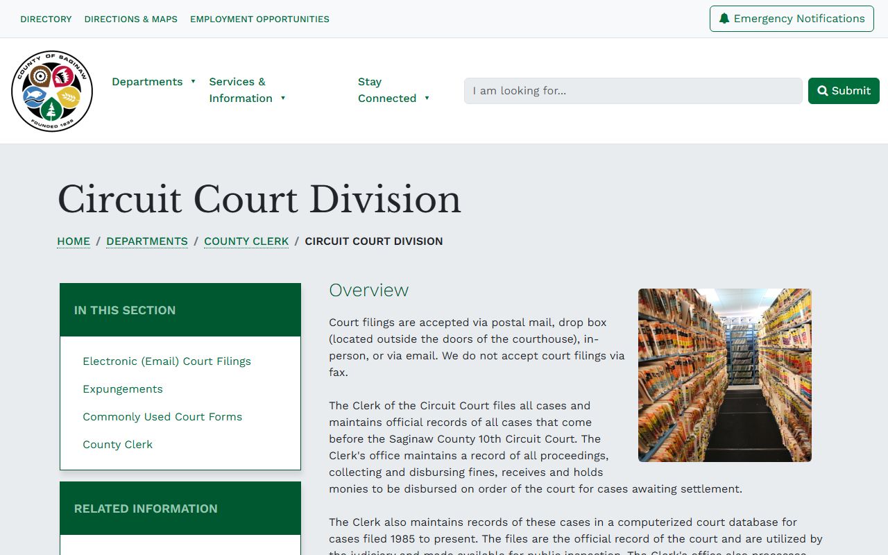 Saginaw County Clerk circuit court records page for criminal history