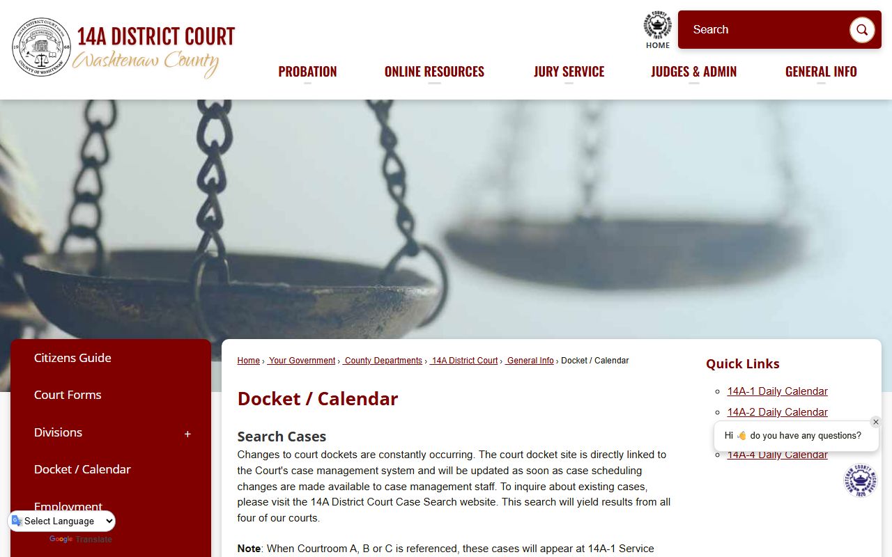 Washtenaw County docket calendar for criminal history cases