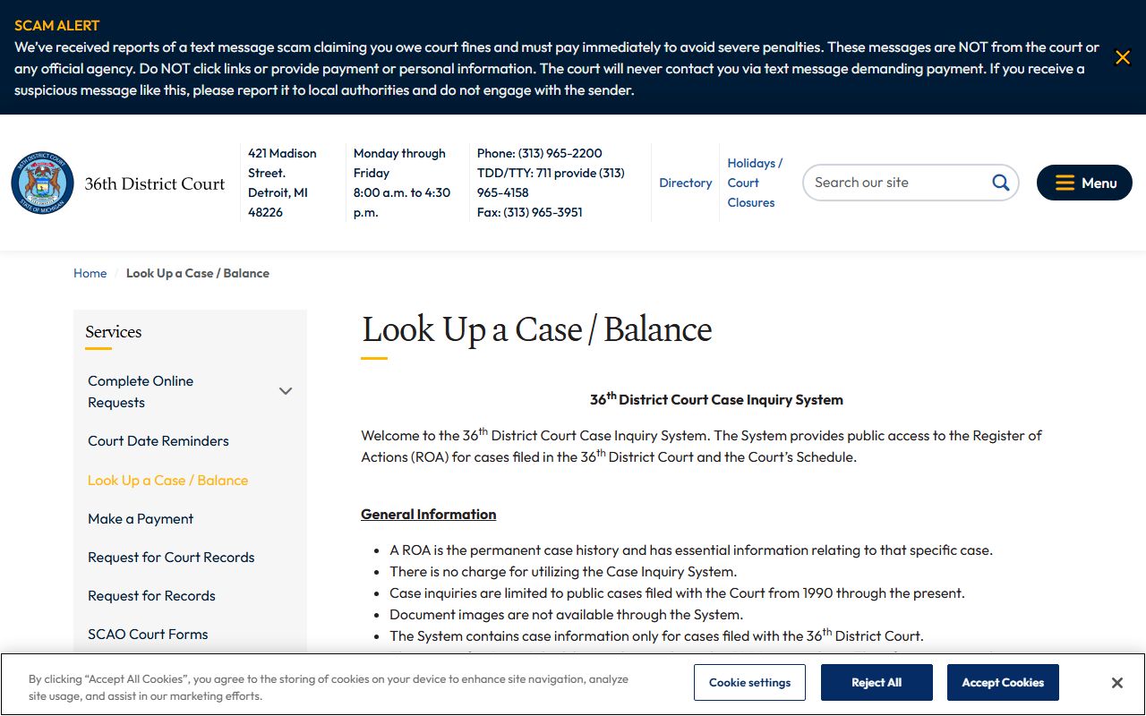 36th District Court case inquiry for Wayne County criminal history records