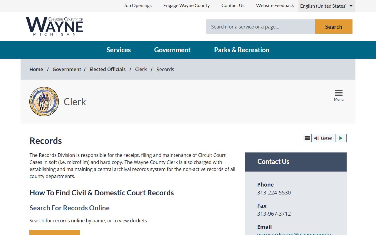 Wayne County Clerk records page for criminal history records