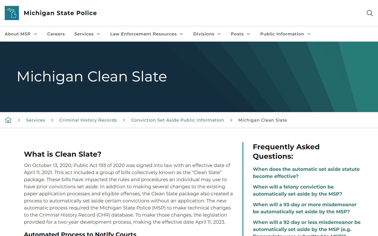 Michigan Clean Slate criminal history expungement information