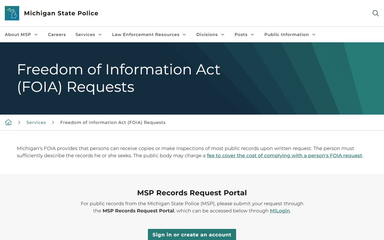 Michigan State Police FOIA portal for criminal history records